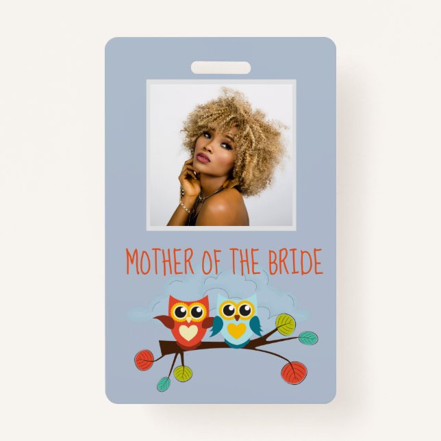 Badge Mignonne OWLS Mariage à thème Bleu orange (Devant)