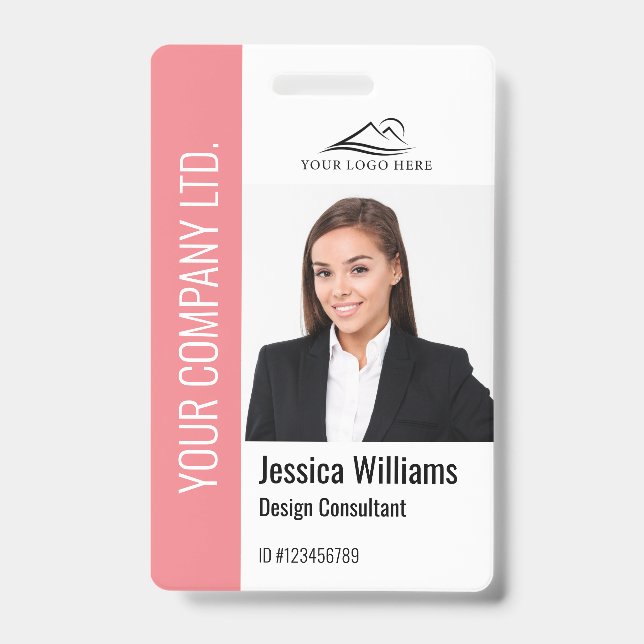 Badge Modèle Moderne Photo de l'employé Logo Nom Rose (Avant)