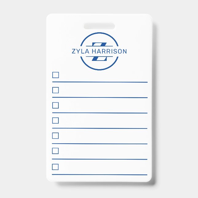Badge Modern Blue Monogram Name Whiteboard To Do List (Front)