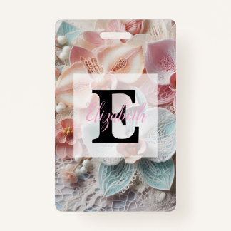Badge Monogram lace floral pink pastel orchid flowers