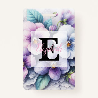 Badge Monogram lace floral pink purple pansies flowers