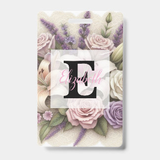Badge Monogram lace floral purple roses lavender lilies 