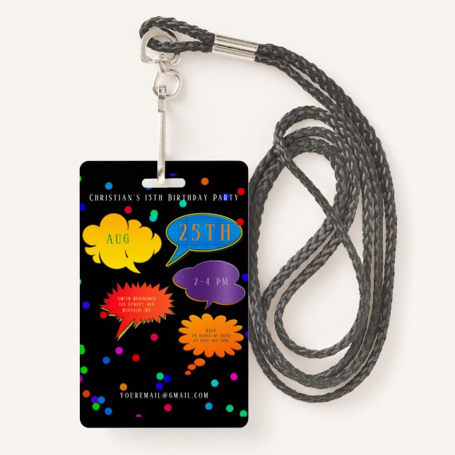 Badge Neon Speech Bubble Boy Girl Birthday Party Invitat (Devant avec lanière)