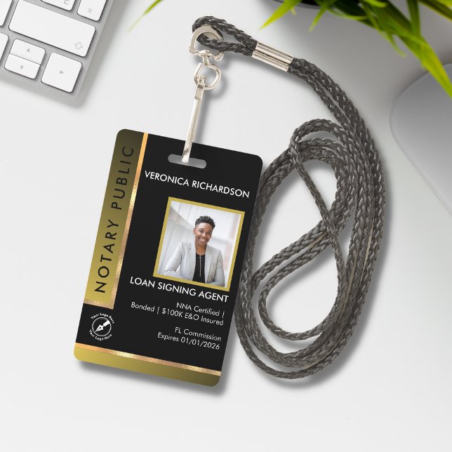 Badge Noir & Or moderne Ajouter QR Noir et ID photo (Créateur téléchargé)