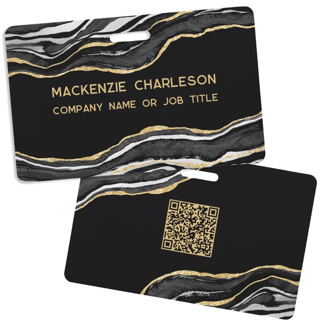 Badge Nom de code QR d'entreprise en géode d'agate de ma (Black marble agate geode gold glitter effect business name badge with QR code)