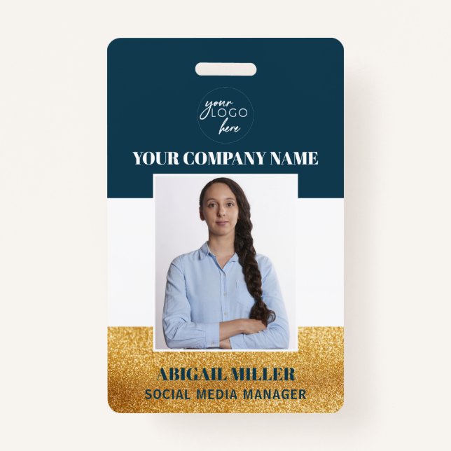 Badge Nom de l'employé personnalisé Logo Photo vert ID B (Devant)
