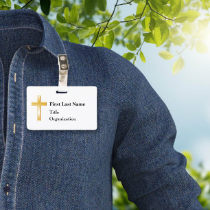 Badge nominatif avec croix en or chrétien