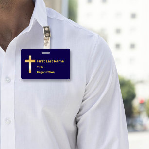Badge nominatif avec croix en or chrétienne