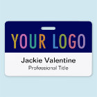 Badge nominatif horizontal en PVC bleu avec logo, 