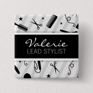 Badge nominatif noir et gris de salon de coiffure