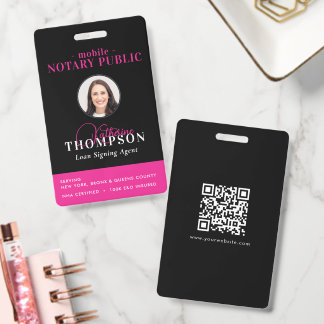 Badge Notary Signing Agent Black Pink Photo QR Code