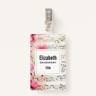 Badge Notes musicales et design Vintage Rose