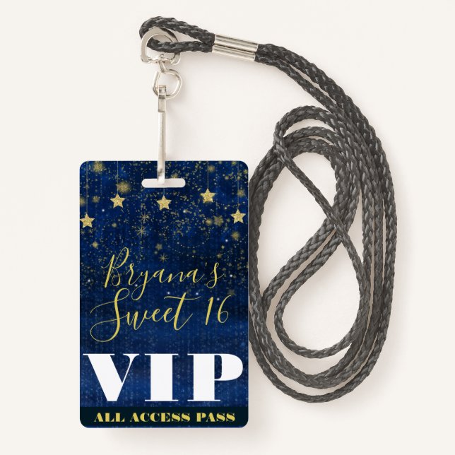 Badge Nuit sous les étoiles Gold Blue Sweet 16 VIP Pass (Devant avec lanière)