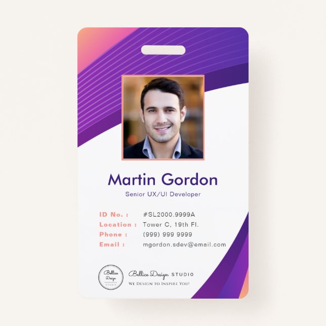Badge Numéro d'employé de Violet moderne de l'entreprise (Devant)