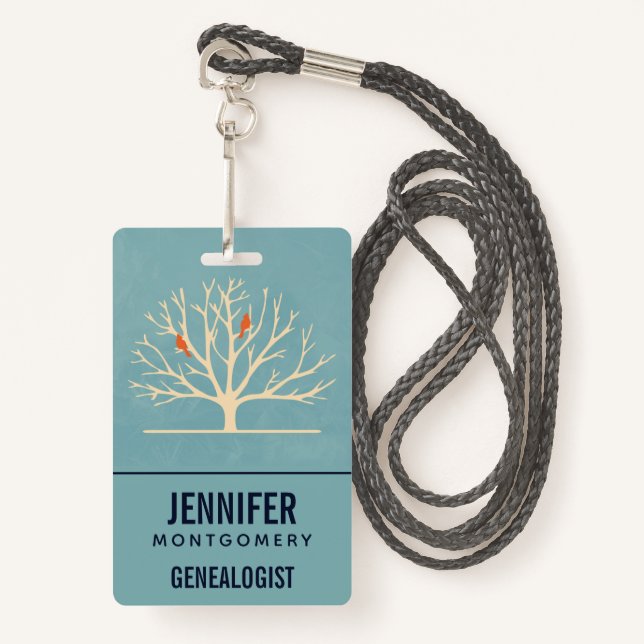 Badge Oiseaux oranges modernes dans un grand arbre généa (Devant avec lanière)
