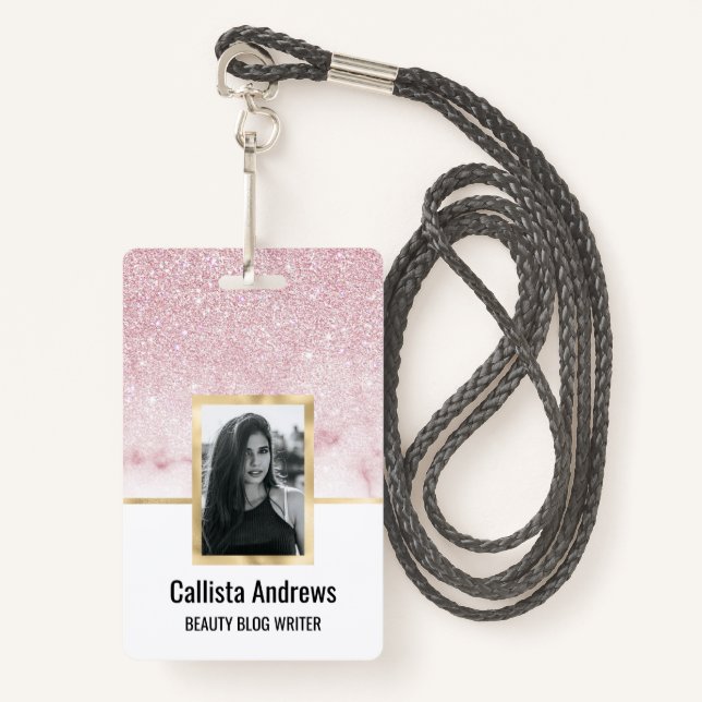Badge Ombre de marbre de marbre rose rose brillant (Devant avec lanière)
