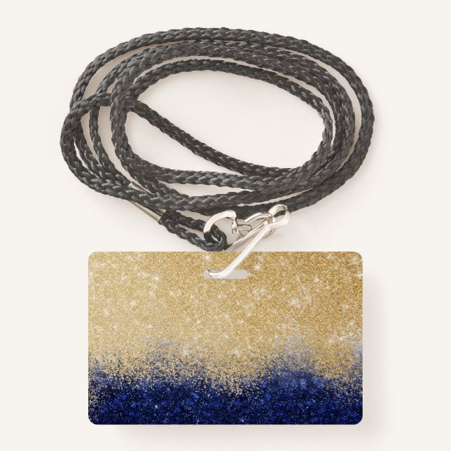 Badge Ombre Parties scintillant or et bleu design de lux (Devant avec lanière)