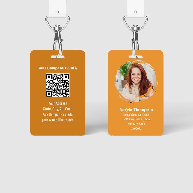 Badge Orange Modern Photo QR Code Employee (Orange employee photo ID badge with QR code template.)
