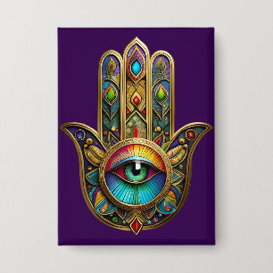 Badge Orné Hamsa Coloré Or Sur Fond Rouge Troisième Œil 