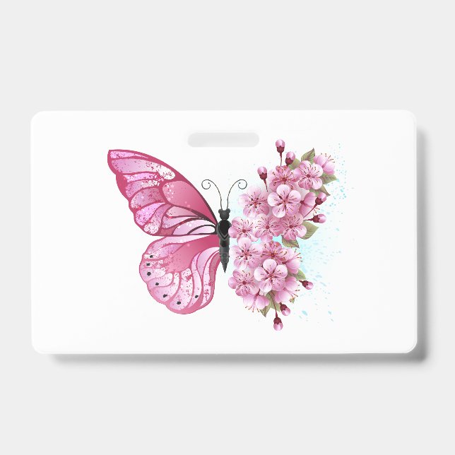 Badge Papillon à fleurs avec Sakura rose (Face)