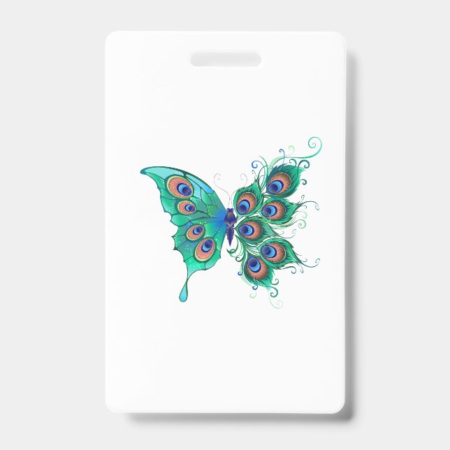 Badge Papillon aux plumes de paon vert (Avant)