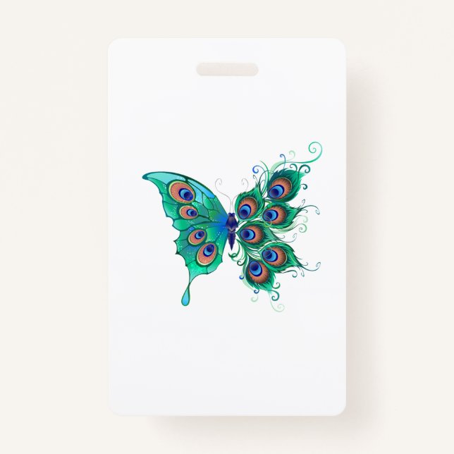 Badge Papillon aux plumes de paon vert (Devant)