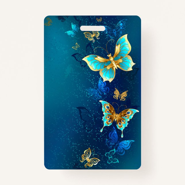 Badge Papillons d'or sur un Arrière - plan bleu (Devant)