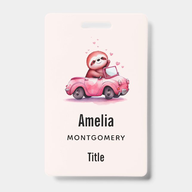 Badge Paresseux mignon conduisant une décapotable rose (Avant)