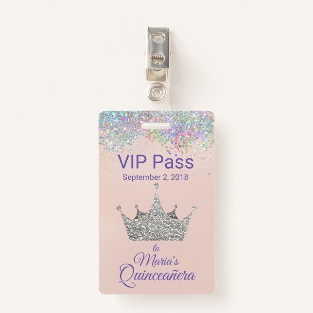 Badge Parties scintillant colorée Couronne d'argent Quin (Devant avec clip)