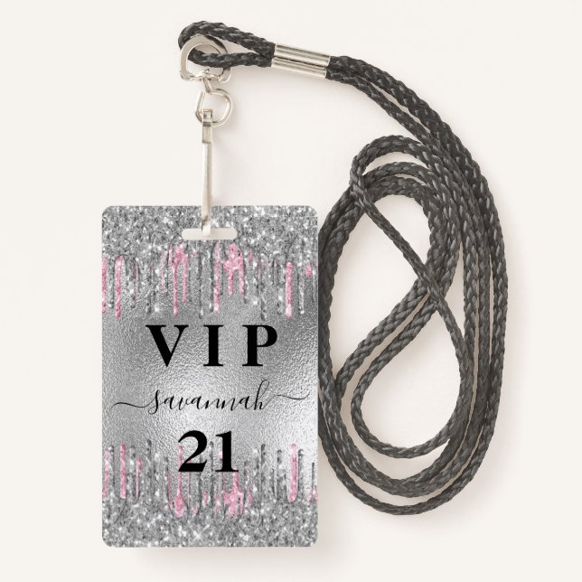 Badge Parties scintillant d'argent d'anniversaire goutte (Devant avec lanière)