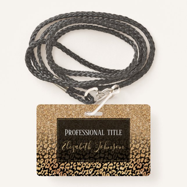 Badge Parties scintillant d'or noir tendance Leopard Omb (Devant avec lanière)