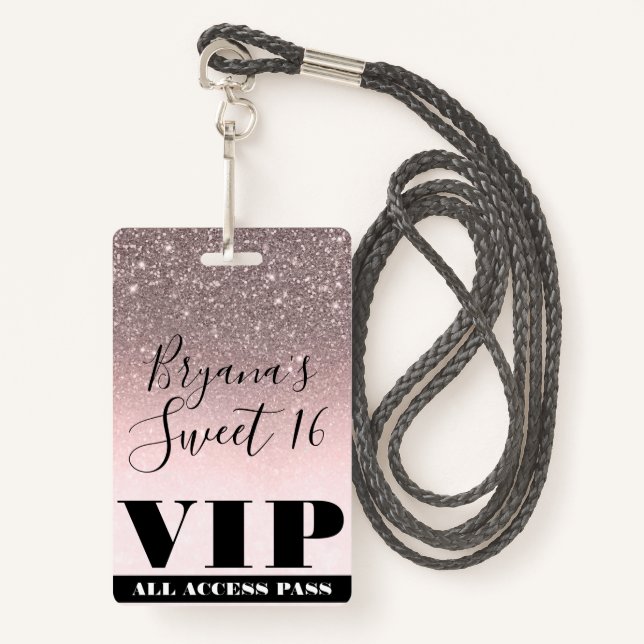 Badge Parties scintillant en argent rose pâle Glam Sweet (Devant avec lanière)