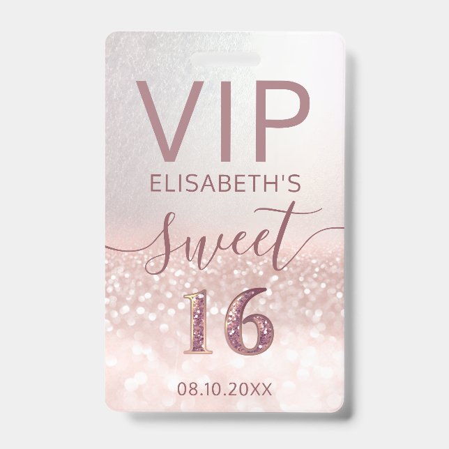 Badge parties scintillant en or rose script ombre Sweet  (Front)