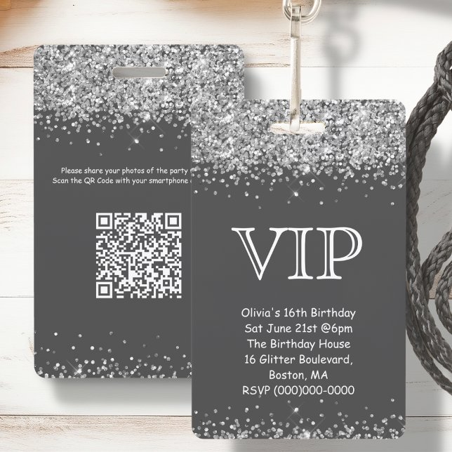 Badge Parties scintillant gris et argent | Invitation d' (Créateur téléchargé)