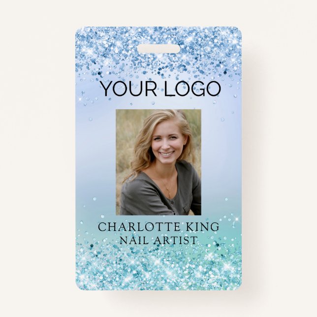 Badge Parties scintillant moderne Bleu Employé Photo ID  (Devant)