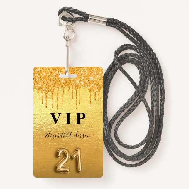 Badge parties scintillant or 21e anniversaire gouttes VI (Devant avec lanière)