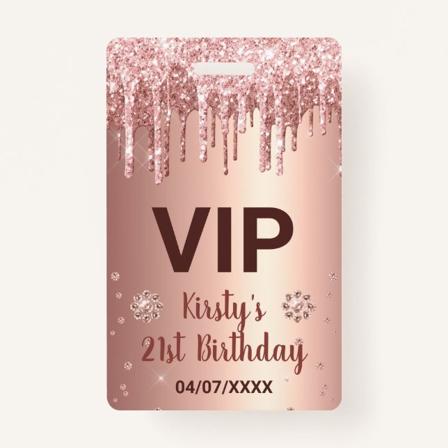 Badge Parties scintillant rose de goutte d'or et diamant (Devant)