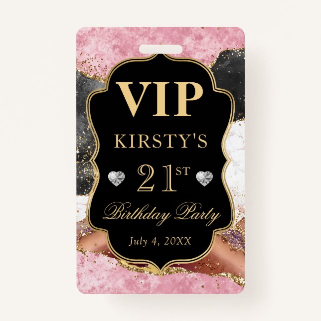 Badge Parties scintillant rose et noir or Agate Annivers (Devant)
