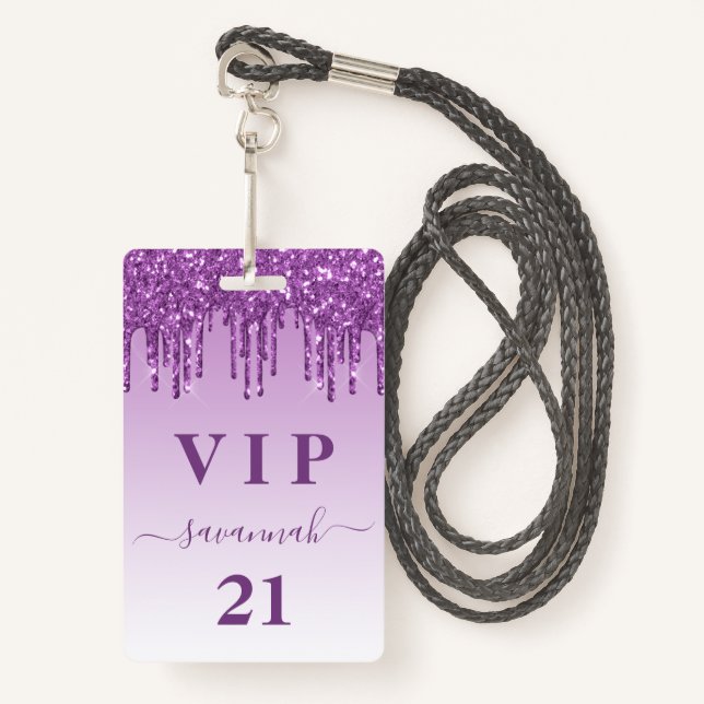 Badge Parties scintillant violet d'anniversaire gouttes  (Devant avec lanière)
