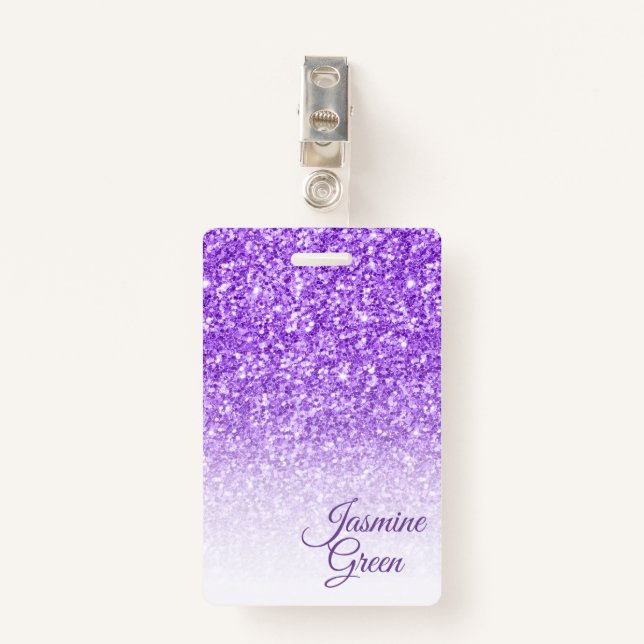 Badge Parties scintillant violet monogramme (Devant avec clip)