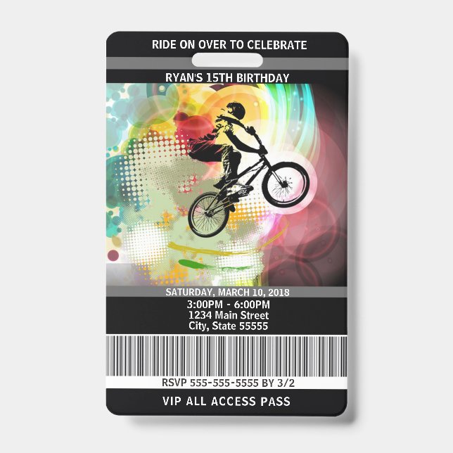 Badge Passage de l'invitation VIP d'anniversaire de BMX (Avant)