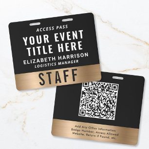 Badge Passe d'accès ID QR Code Noir Or Luxe pour l'événe