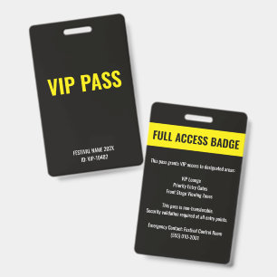 Badge Passe VIP Accès Complet Festival de Musique Jaune 