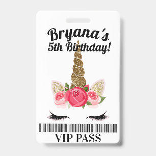 Badge Passe VIP Fête d'anniversaire Licorne Rose Fleurie