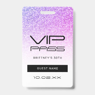 Badge Passe VIP Invitation 30 ans Glitter Glam Rose Viol