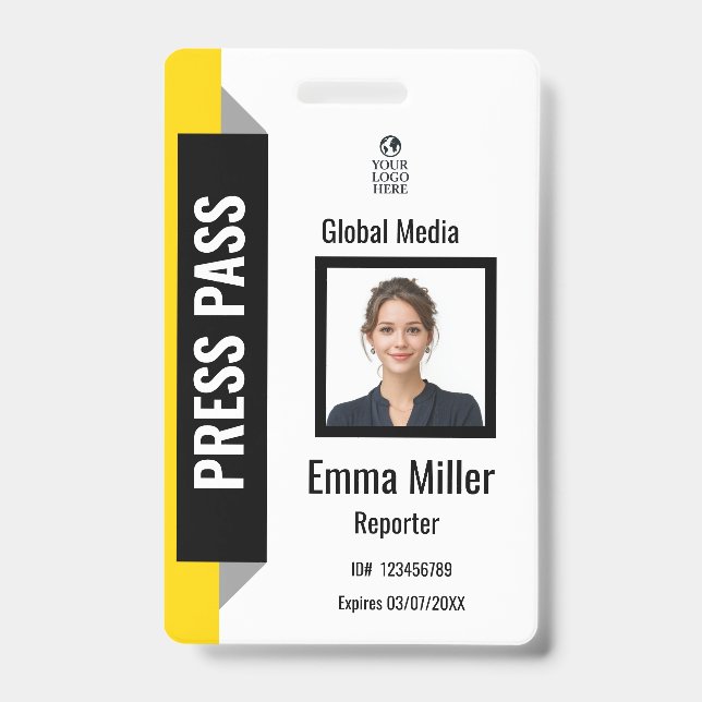 Badge Passeport de média personnalisé noir et jaune | Ba (Avant)
