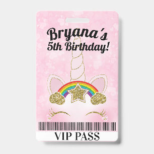 Badge Passeport VIP Fête d'anniversaire licorne rose pai