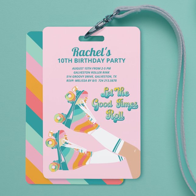 Badge Patinage à roulettes rétro Anniversaire Pink (Fun Retro Rollerskating Birthday Party Lanyard Invitations
)