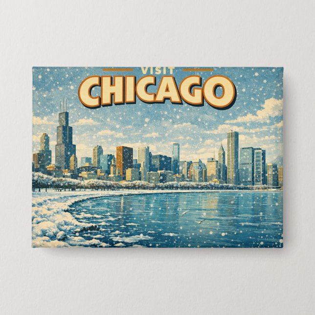 Badge Paysage de Chicago et lac Michigan en hiver  (Recto)