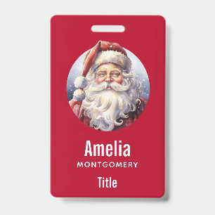 Badge Père Noël rétro avec un chapeau rouge Noël